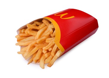 MYKOLAIV, UKRAINE - AUGUST 12, 2021: Big portion of McDonald's French fries on white background