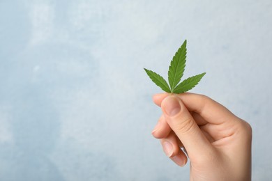 Woman holding hemp leaf on light blue background, closeup. Space for text