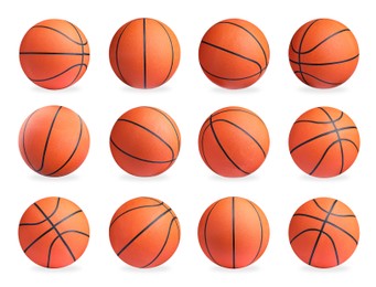 Set with bright basketball balls on white background 