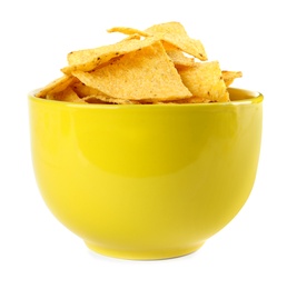Photo of Yellow bowl with tasty Mexican nachos chips on white background