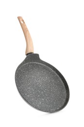 New pancake pan with wooden handle isolated on white background
