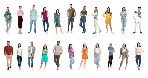 Image of Collage with full length portraits of men and women on white background