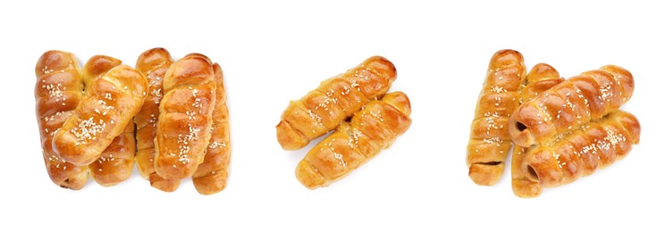 Image of Collage of tasty sausages in dough on white background, top view