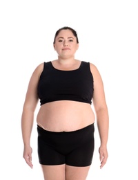 Fat woman on white background. Weight loss