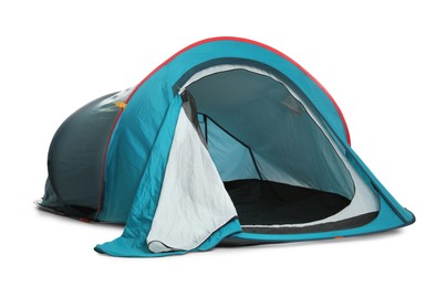 Light blue camping tent on white background