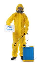 Man wearing protective suit with insecticide sprayer and sign PEST CONTROL on white background