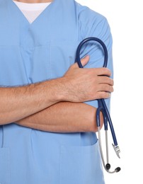Photo of Doctor with stethoscope on white background, closeup