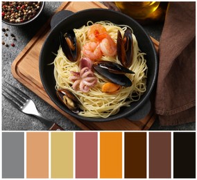 Flat lay composition with delicious pasta with seafood served on grey table and color palette. Collage