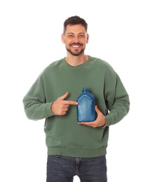 Man pointing at blue container of motor oil on white background