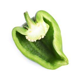 Photo of Cut green bell pepper isolated on white, top view