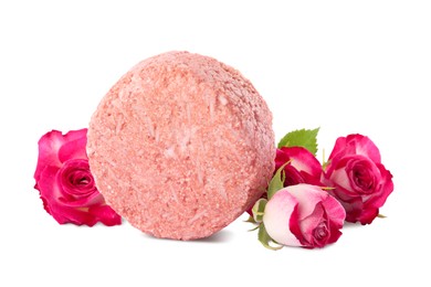 Photo of Solid shampoo bar and roses on white background. Hair care
