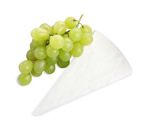 Brie cheese with grape isolated on white, top view