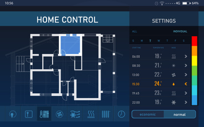 Energy efficiency home control system. Application displaying different settings and house plan
