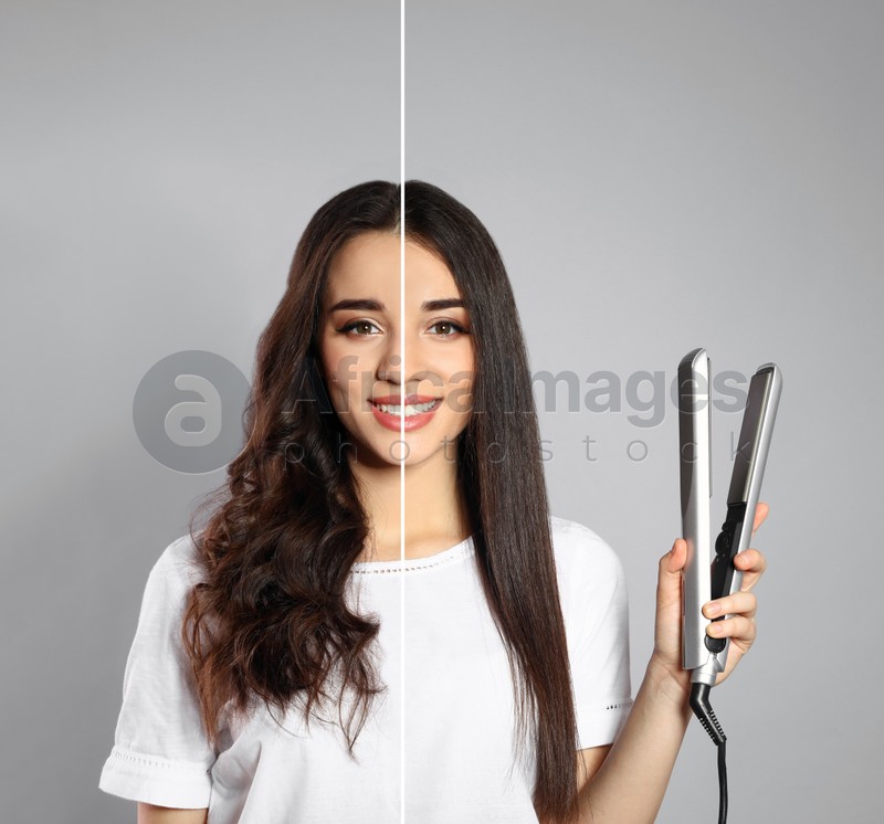 Collage with photos of woman with curly and straight hair before and after using hair iron on light grey background