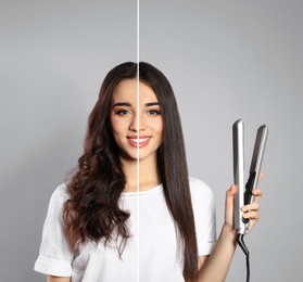 Image of Collage with photos of woman with curly and straight hair before and after using hair iron on light grey background