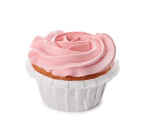 Photo of Baby shower cupcake with pink cream isolated on white