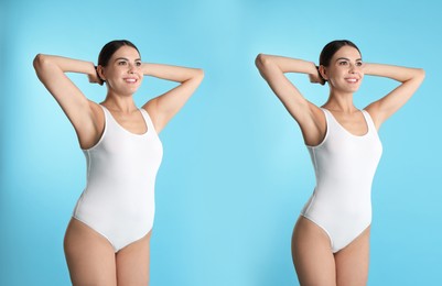 Collage with photos of woman before and after weight loss diet on light blue background