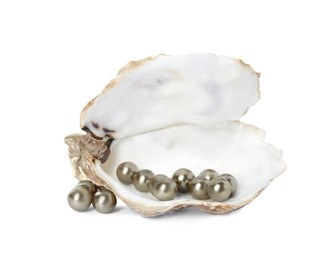 Open oyster shell with golden pearls on white background