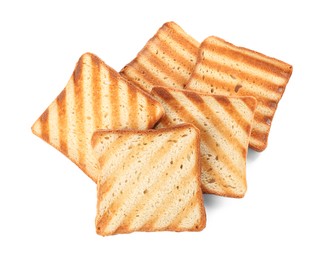 Photo of Slices of delicious toasted bread on white background, top view