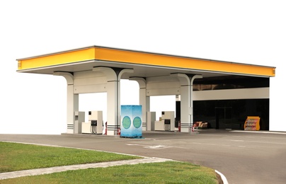 Modern gas station on white background, exterior