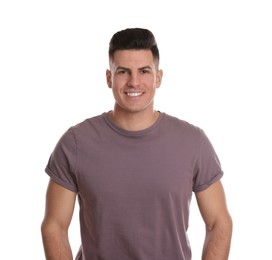 Portrait of happy man on white background. Personality concept