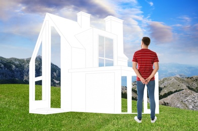 Man dreaming about future house. Landscape with building illustration