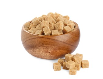 Wooden bowl and brown sugar cubes on white background