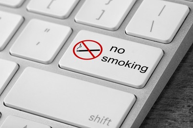 Button with phrase No smoking on computer keyboard, closeup