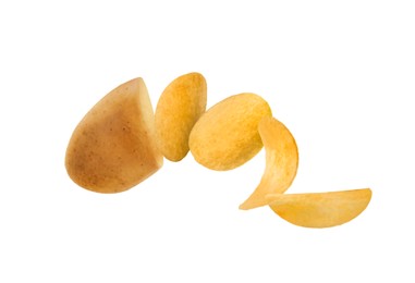 Image of Raw potato turning into tasty crispy chips on white background