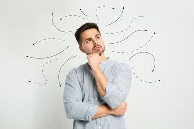 Image of Choice in profession or other areas of life, concept. Making decision, thoughtful young man surrounded by drawn arrows on light grey background