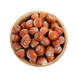 Bowl with tasty organic hazelnuts on white background, top view