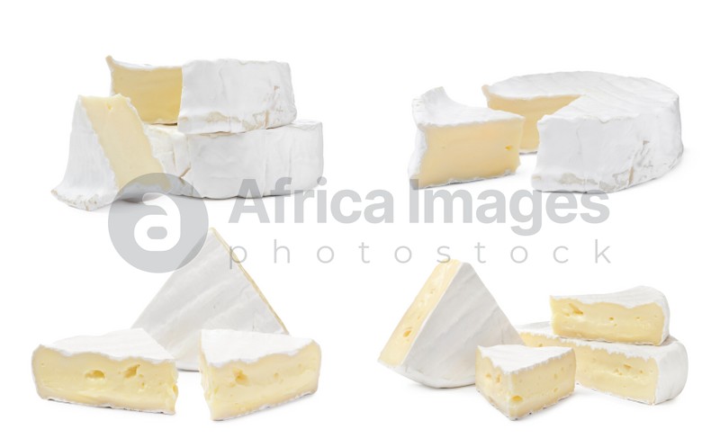 Set with tasty brie cheese on white background