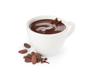 Photo of Cups of delicious hot chocolate with spices on white background