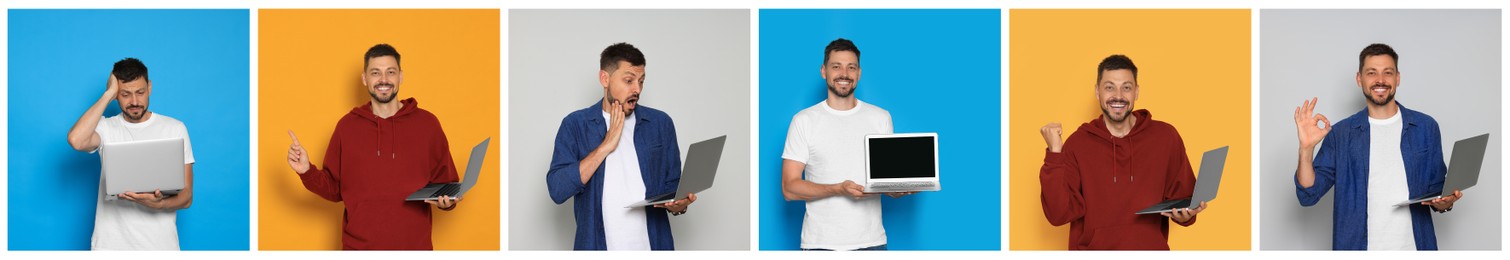 Collage with photos of man holding modern laptops on different color backgrounds. Banner design