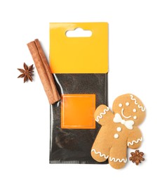 Photo of Scented sachet, spices and gingerbread man on white background, top view