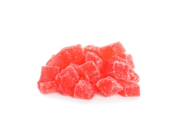Delicious red candied fruit pieces on white background