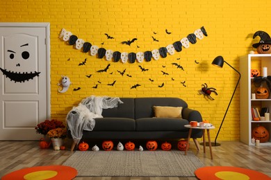 Modern room decorated for Halloween. Festive interior