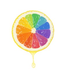 Image of Fresh lemon slice with rainbow segments on white background. Brighten your life