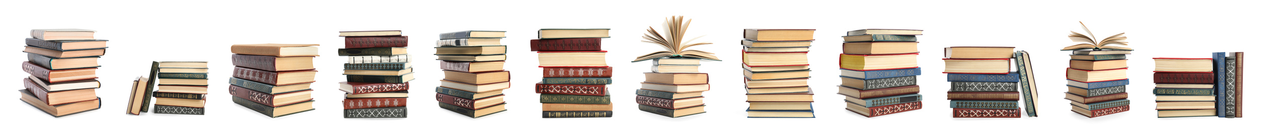 Collection of different retro books on white background. Banner design 