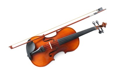 Beautiful violin with bow on white background, top view. Classic musical instrument