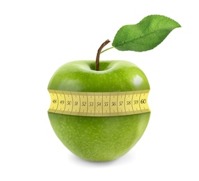 Green apple with measuring tape on white background. Slimming, weight loss concept