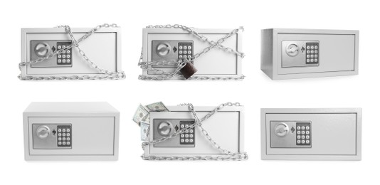 Set of steel safes with electronic lock on white background