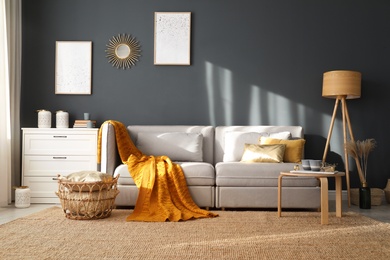 Stylish sofa with soft plaid in room. Idea for interior design