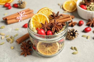 Aroma potpourri with different spices on white table