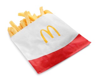 MYKOLAIV, UKRAINE - AUGUST 11, 2021: Small portion of McDonald's French fries isolated on white