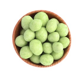 Tasty wasabi coated peanuts in wooden bowl on white background, top view