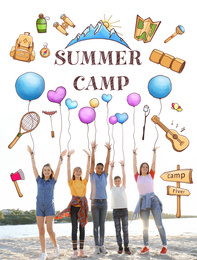 Children at summer camp. Illustrations on background