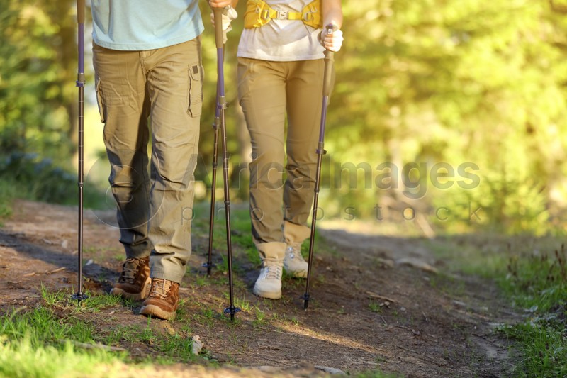 Photo of Couple with trekking poles hiking in forest, closeup