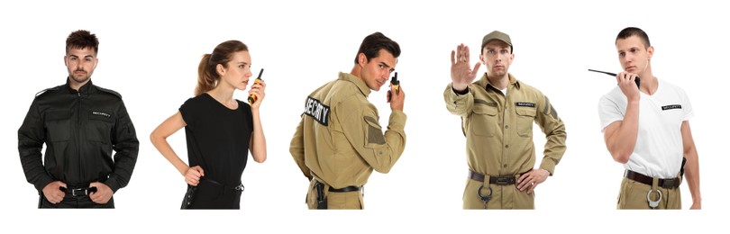 Collage of different professional security guards on white background. Banner design