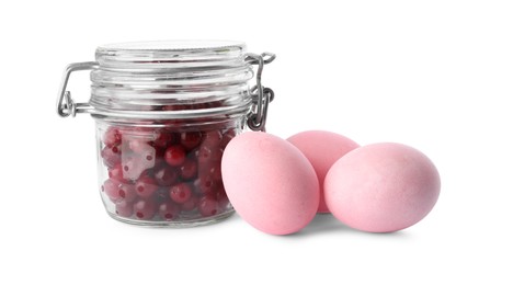 Photo of Naturally painted Easter eggs on white background. Cranberries used for coloring